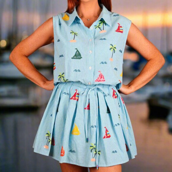 NWT Queen of Sparkles Blue Stripe Sail Boat & Palm Tree Icon Cotton Tie Dress - Picture 4 of 8